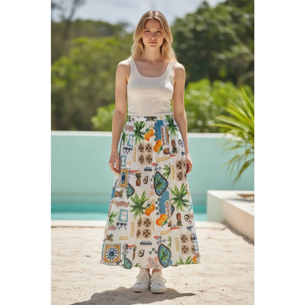NWT Terzo Millennio Linen Maxi Italian Skirt Large Tropical Vacation Resortwear